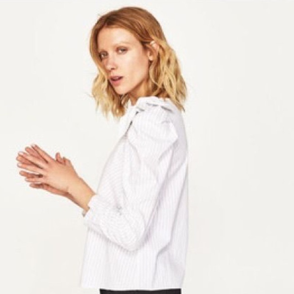 Zara White Striped Shirt with Bow Puff Sleeves size L NWT - Picture 3 of 10